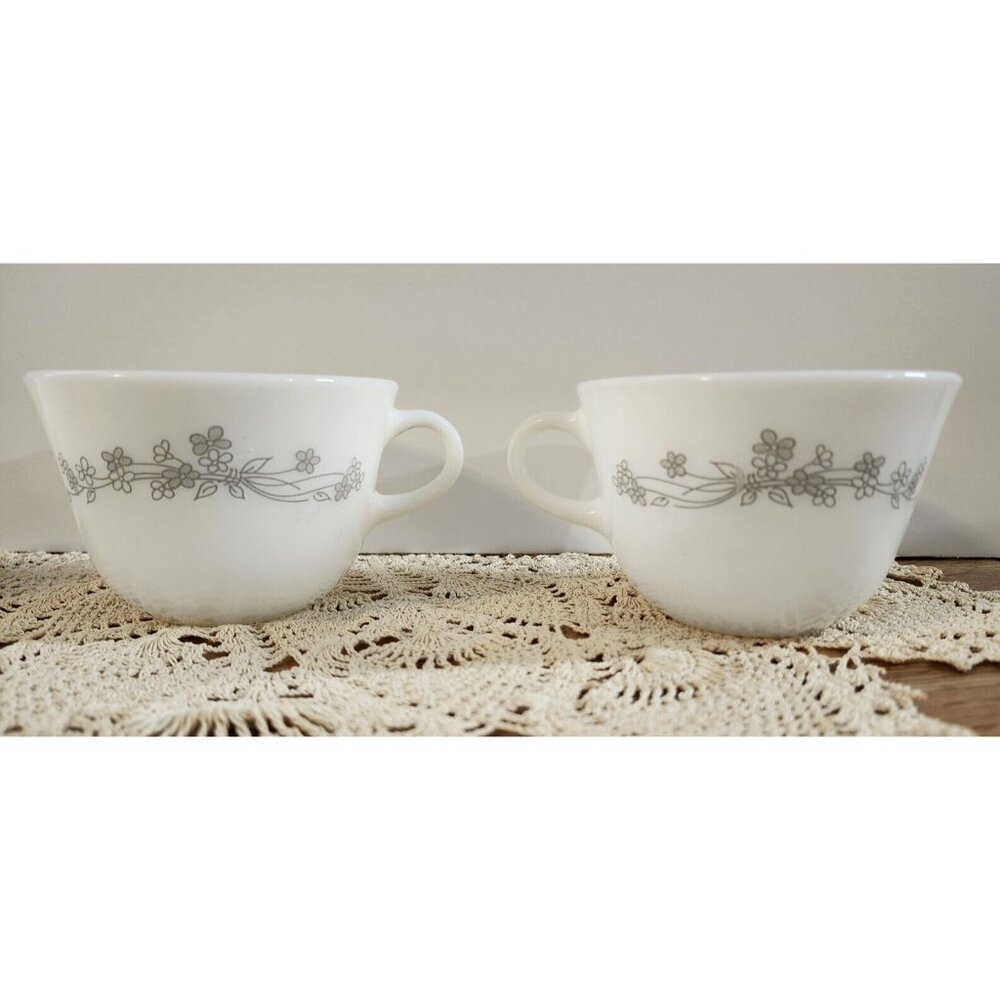 2- Pyrex Ribbon Bouquet Vintage Glass Cups Coffee Tea Gray Flowers